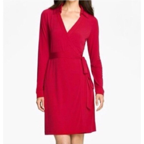 Calvin Klein Wrap Dress 6 8 Red Stretch Collared Long Sleeve Career Church - Picture 1 of 9
